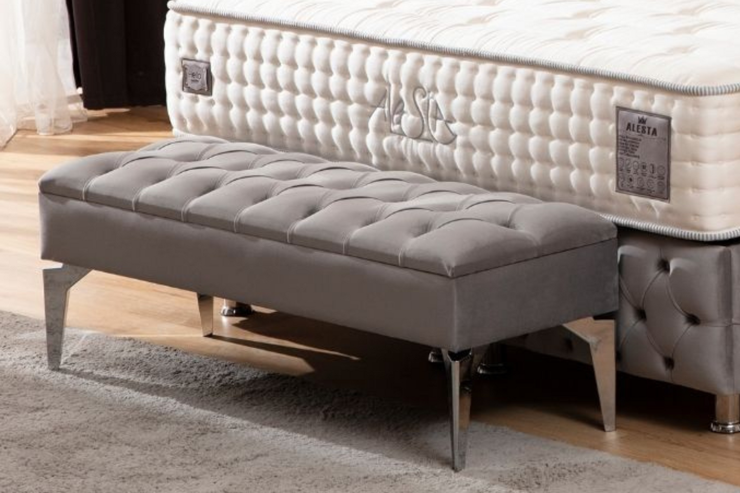 Banquette Coffre CAPITONNE Velours Gris