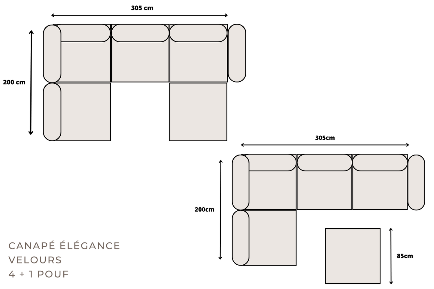 Canapé ELEGANCE Velours Modulable 4+1 Pouf