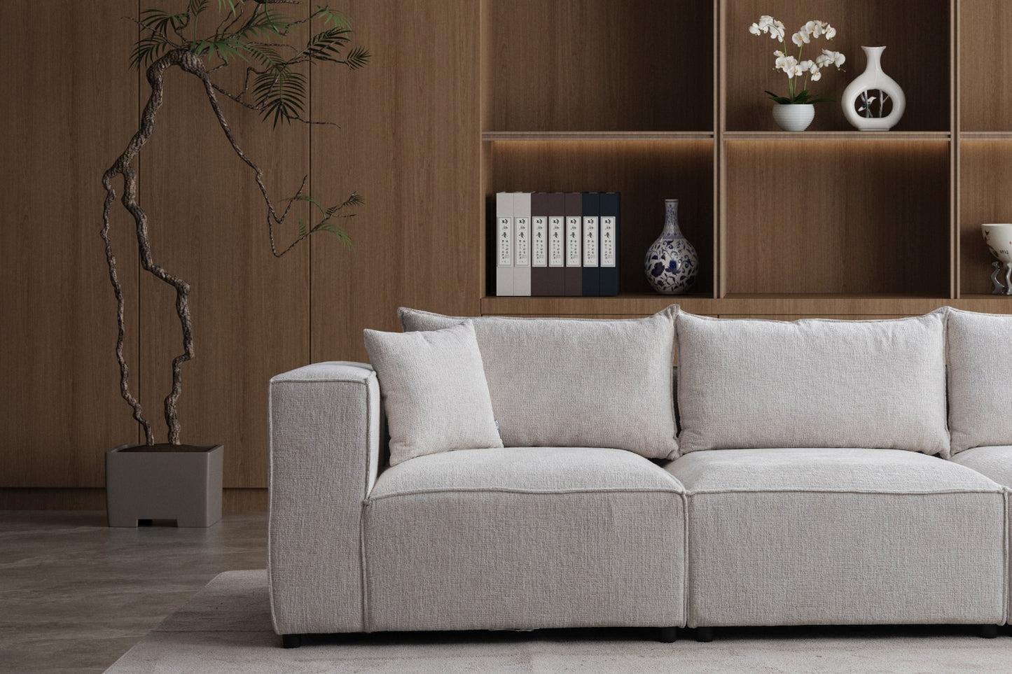 Canapé ELEGANCE Chenille Modulable Blanc Cassé 4+1 Pouf